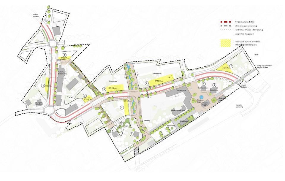 «Parkplanen» viser grepet med Benkowparken og Stasjonstorget som de to viktigste møteplassene i Stabekk sentrum.