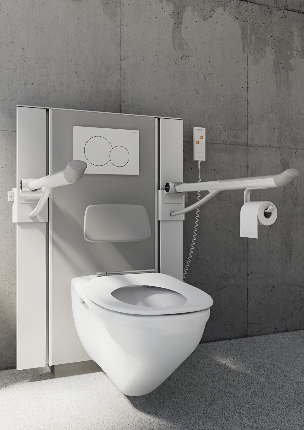 Toalettheisen leveres med håndbetjening. Ekstra tilbehør, som elektriske skylleknapper og toalettpapirholdere, kan monteres på toalettstøtten.