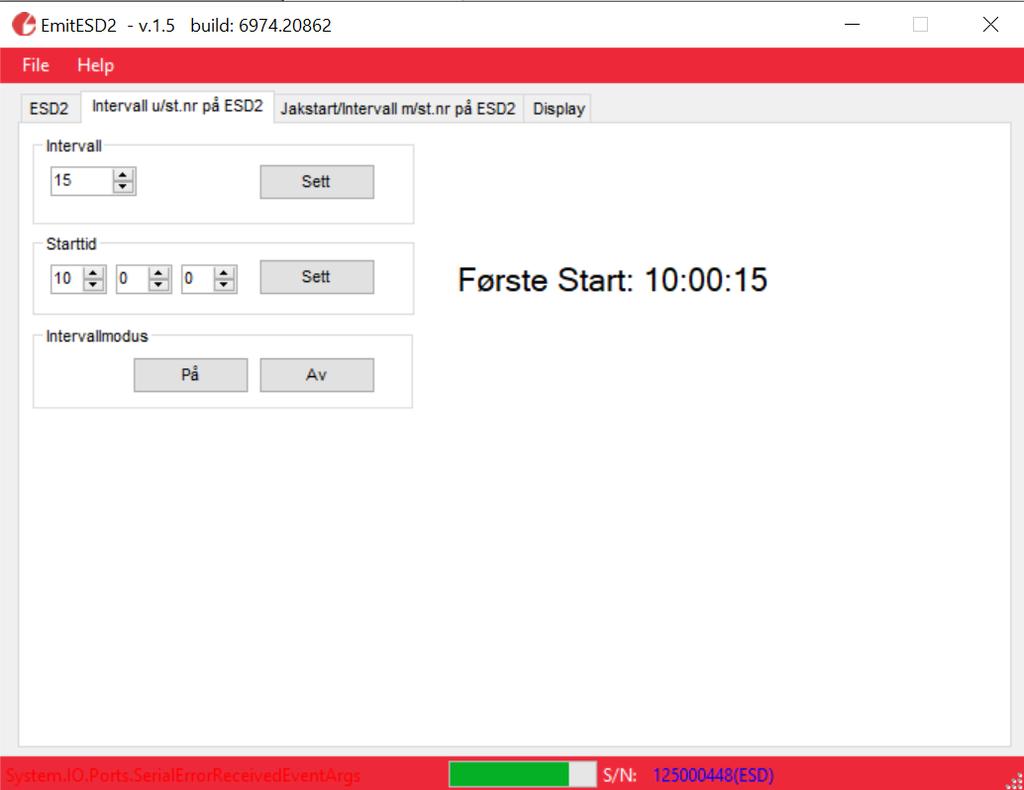 Programmere intervall med nedtelling, uten visning av startnr. Trykk på fanen merket «Interval u/st.nr på ESD2» for å få frem de aktuelle valgene.