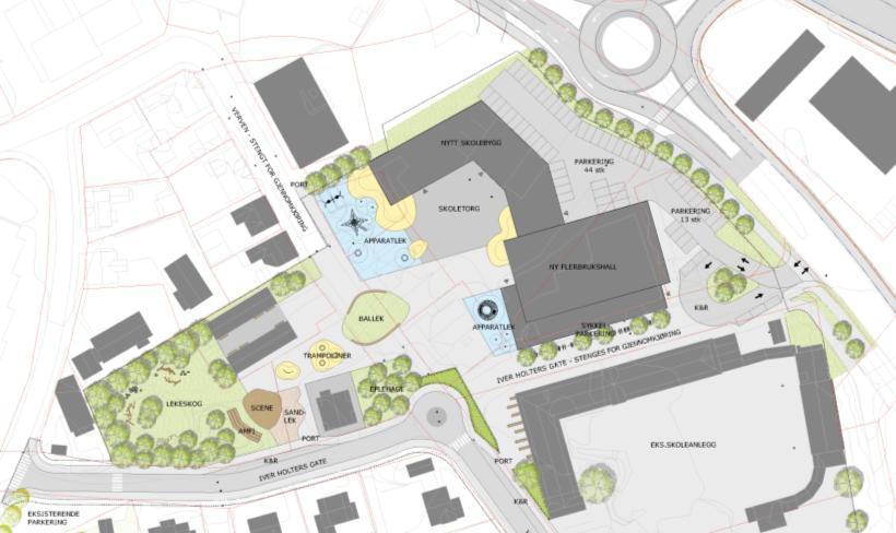 Illustrasjonsplan fase 2; Hele arealet bygges ut til skoleformål og Iver Holters gate stenges mellom