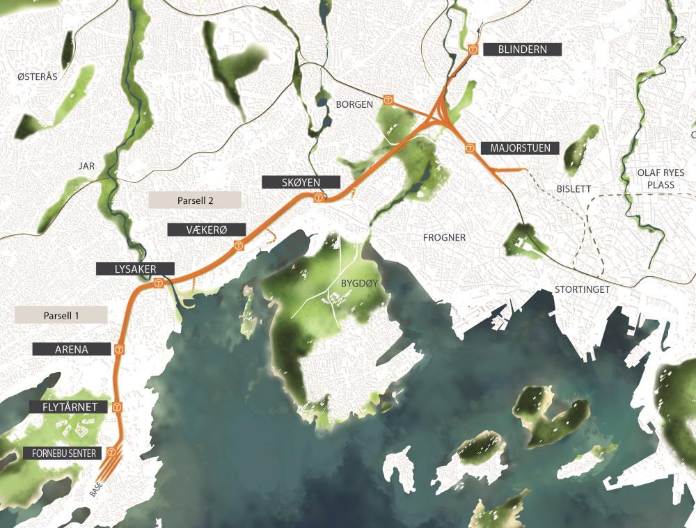 Fornebubanen Fornebubanen er en 8,7 km lang metro (T-bane) fra Fornebu senter til Majorstuen Hele banen går i tunnel.