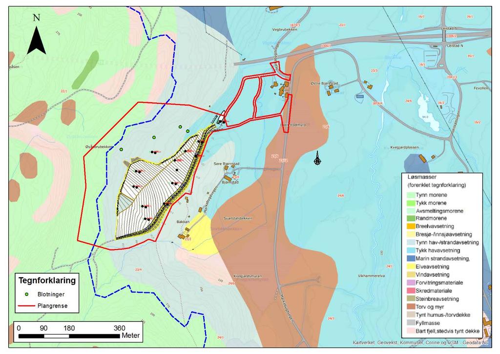 Side 5 av 9 Figur 4: Løsmassekart hentet fra NGUs karttjeneste. Plassering av oppfylling innenfor planområdet er vist med gul linje og svart skravur.