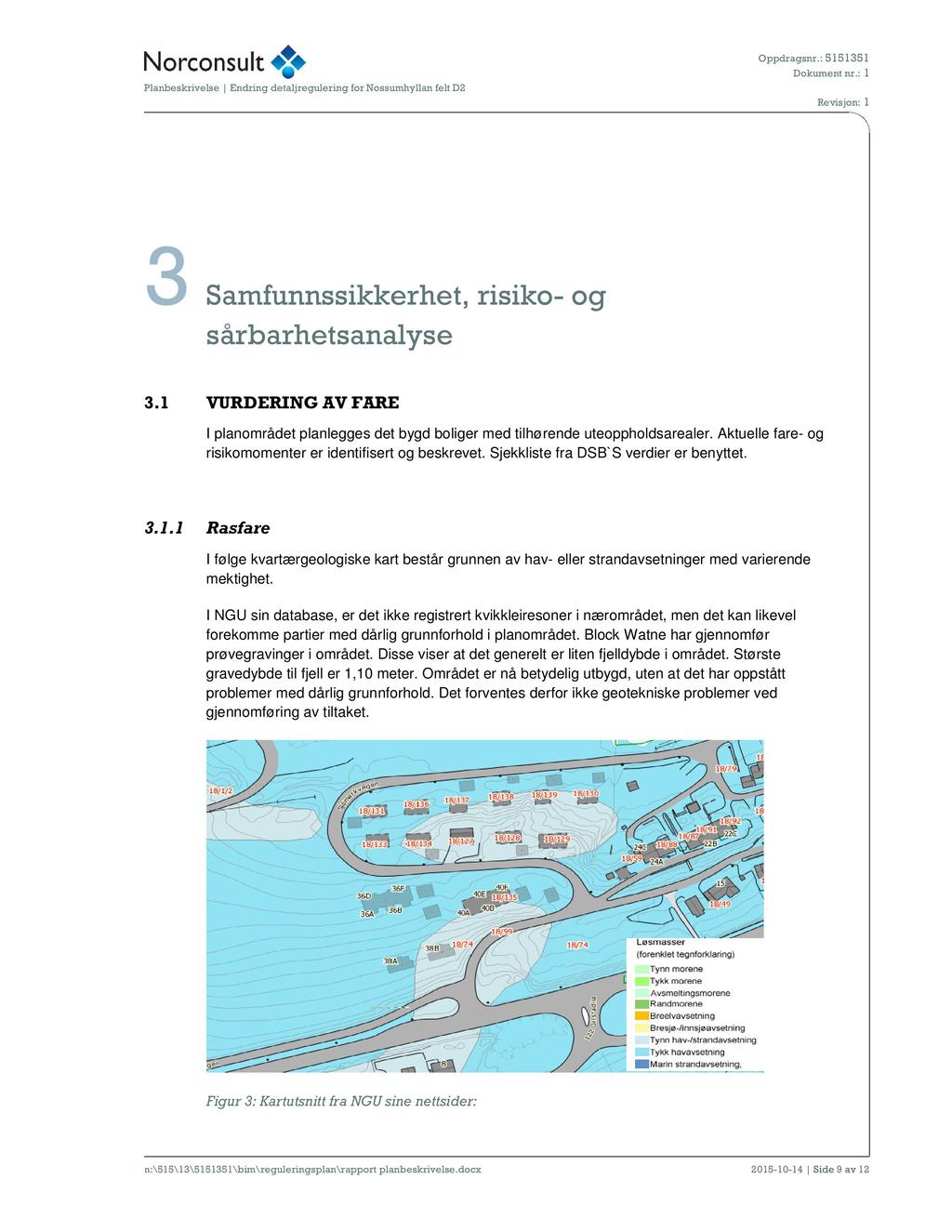 3 Samfunnssikkerhet, risiko- og sårbarhetsanalyse 3.1 VURDERING AV FARE I planområdet planlegges det bygd boliger med tilhørende uteoppholdsarealer.