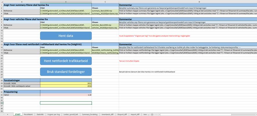 Godsmodell Dokumentasjon av Godsnytte-verktøy Figur 4: Illustrasjon av START-arket Knappen «Hent data» starter makroen LesFiler.