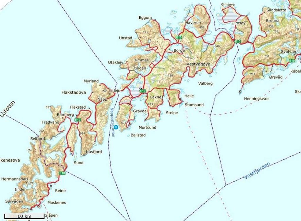 2. Områdebeskrivelse Ønsket lokalitet Grænholmen ligger i Vestvågøy kommune, Nordland. Anleggsplassering under vurdering ligger på sørøstsiden av Nappstraumen, nord, øst og sør for Grænholmen.