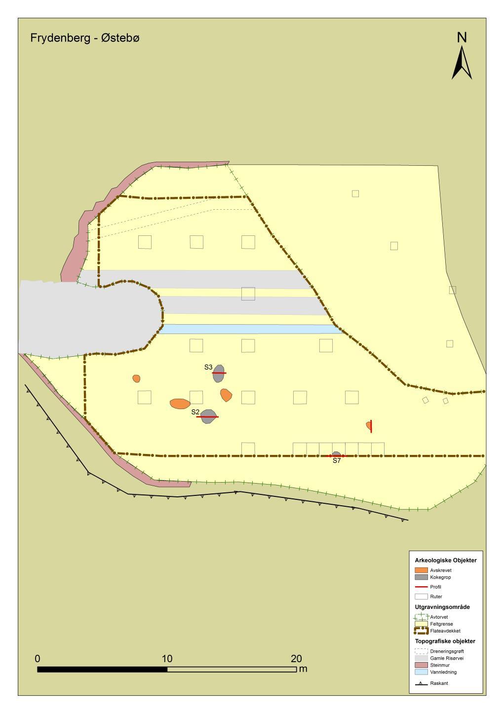 Figur 9. Kart som viser utgravde kontekster (prøveruter og prøvestikk), og strukturer, samt moderne forstyrrelser på lokaliteten.