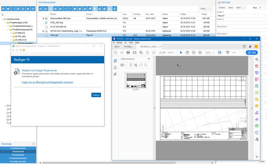 BIM2Share AS Byggeweb Prosjekt Side 11/35 Når du har valgt «Rediger fil på server» åpnes det to vinduer: et lite i Byggeweb Prosjekt som du bruker for å bekrefte når redigeringen er ferdig, og et