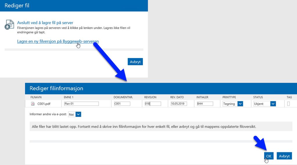 Lukk PDF-programmet og gå til det lille Rediger fil-vinduet, og klikk på «Lagre en ny filversjon på Byggeweb-serveren».