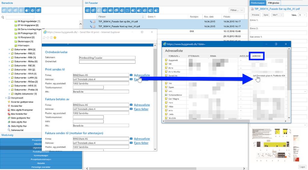 BIM2Share AS Byggeweb Prosjekt Side 23/35 Først kommer det vindu som viser valgte filer. Bekreft utvalget ved å klikke «Send bestilling». Det neste vinduet viser skjemaer som skal fylles ut.