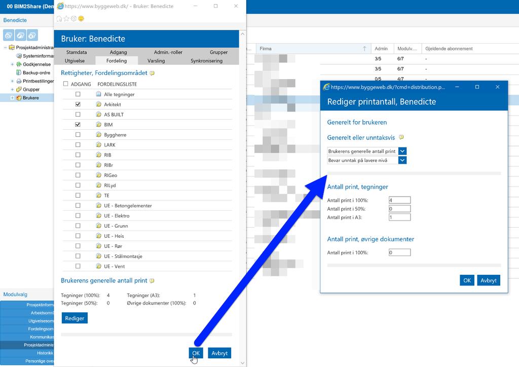 BIM2Share AS Byggeweb Prosjekt Side 29/35 6.2.6 Fordeling Dersom en bruker under Adgang er tildelt adgang til fordelingsområdet så må det defineres hvilke fordelingslister brukeren skal ha tilgang til.