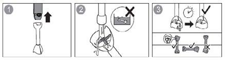 Carefully remove the plastic cover from the blade. Caution: the blade is very sharp! Always hold it by the upper plastic part. Place the blade on the center pin of the chopper bowl.