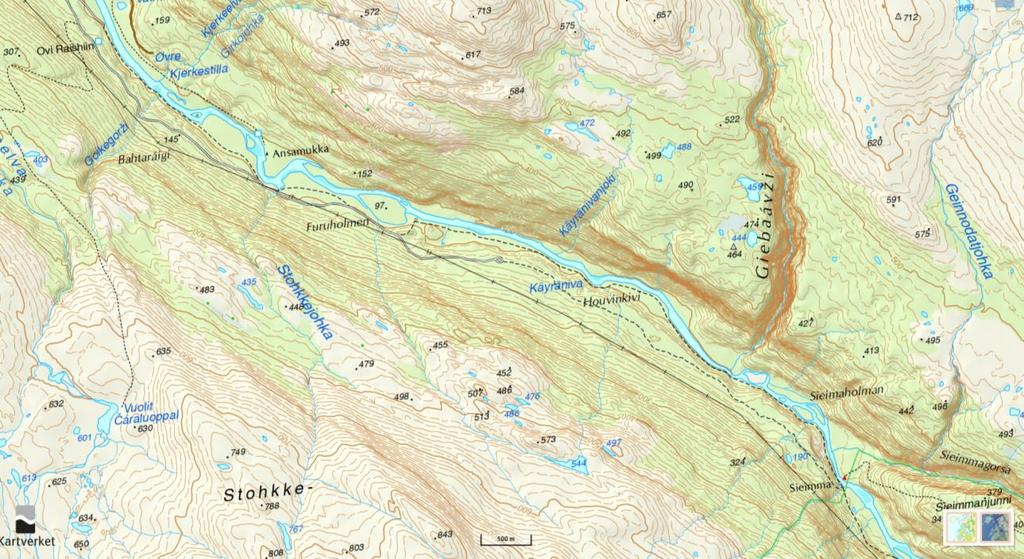 3 Veibeskrivelse sommer Fottur langs Nordkalottruta som følger langs Reisaelva fra Saraelv (9 km). Eller, fottur langs skogsbilvei til Kayraniva (5 km) og videre langs sti i skogen til Sieimma (4 km).