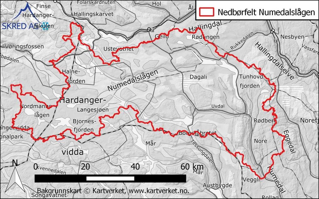 Feltkarakteristika for Numedalslågen ved planområdet er vist i tabell 3, mens feltgrensene er vist i figur 8. Tabell 3: Feltkarakteristika til Numedalslågen ved Veggli. Feltareal qn Elvelengde Eff.