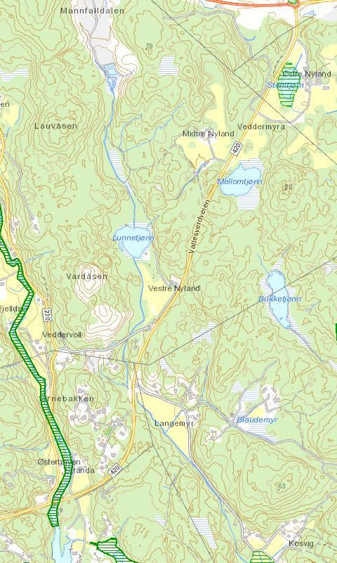 VA-anlegg Kjerlingland - Fjelldal 23 7.4 Naturmiljø Det er gjort oppslag i Miljødirektoratets kartløsning "Naturbase".