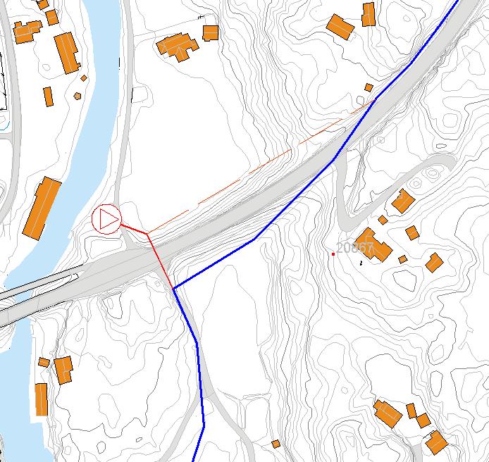 Plasseringen av denne kan ha noe innvirkning på trasevalget for reservevannledningen. En mulig trase for reservevannledningen er vist med blå strek i figuren under.