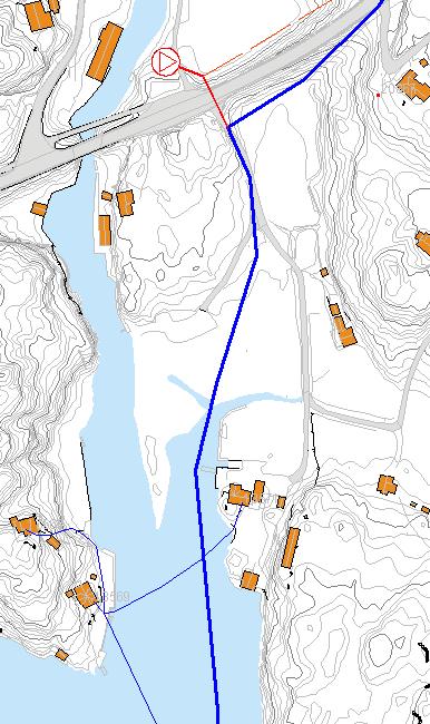 VA-anlegg Kjerlingland - Fjelldal 7 Traseen går videre fra Fjelldal ut i sjøen. Det er vurdert ulike alternativer som har resultert i løsningen som er vist i figuren under.