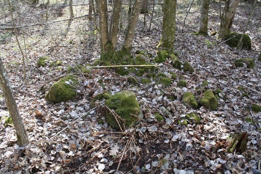 Rydningsrøys bestående av rundkamp lagt inn mot berg. Det vokser en hasselbusk i røysen. Største rundkamp er ca. 60 cm. Mål: 4 m N-S, 2,5 m Ø-V. 0,35 m høy.
