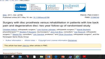 42 Surgical intervention with disc prosthesis for chronic low back pain resulted in a significantly greater improvement in the Oswestry score