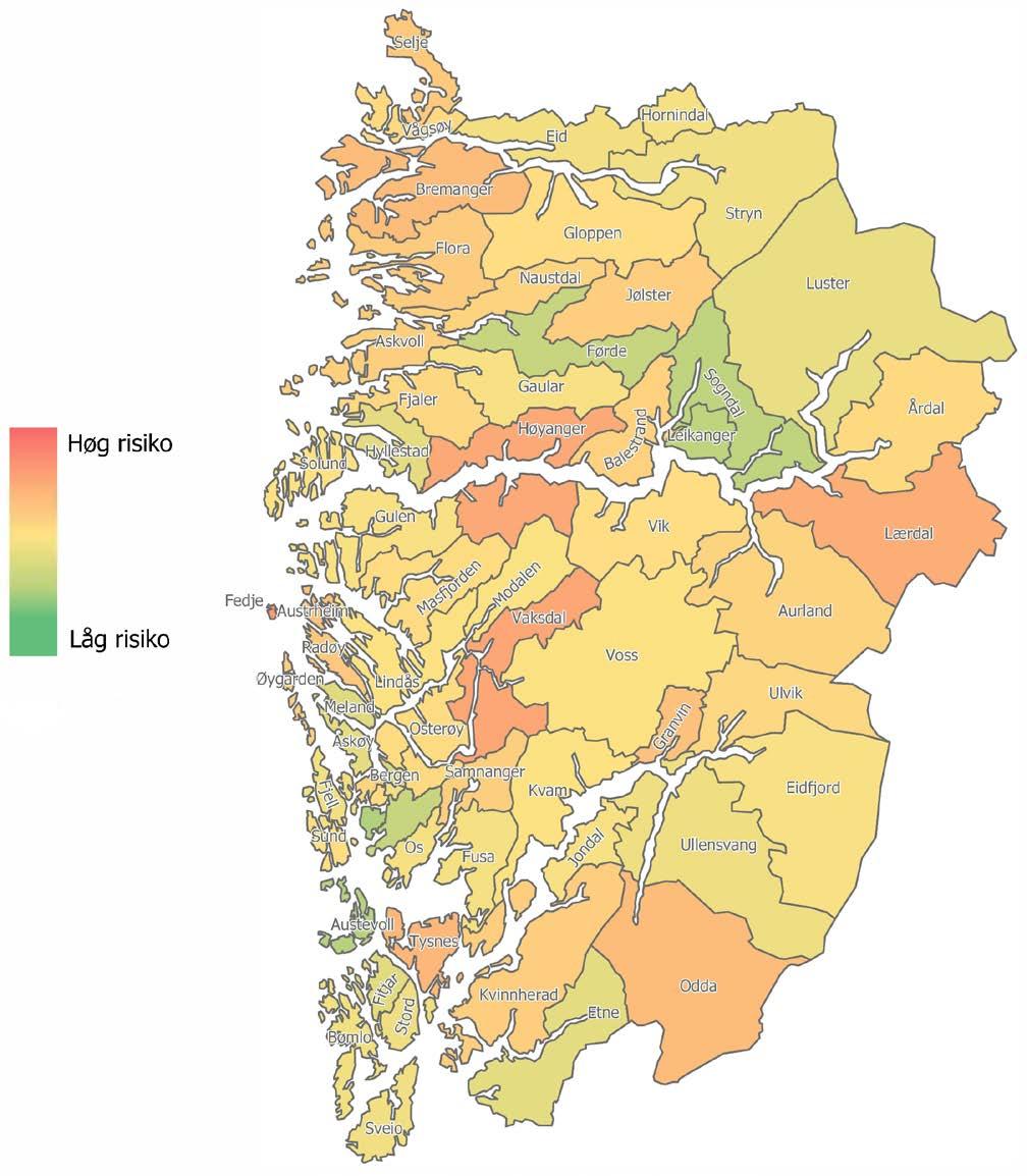 Figur 1: Risikoindeks for folkehelse, 2019 Kjelde: Hordaland fylkeskommune lågare uføregrad enn det ein kunne vente seg ut frå kor stor del av hushalda som er å rekne som låginntektshushald.