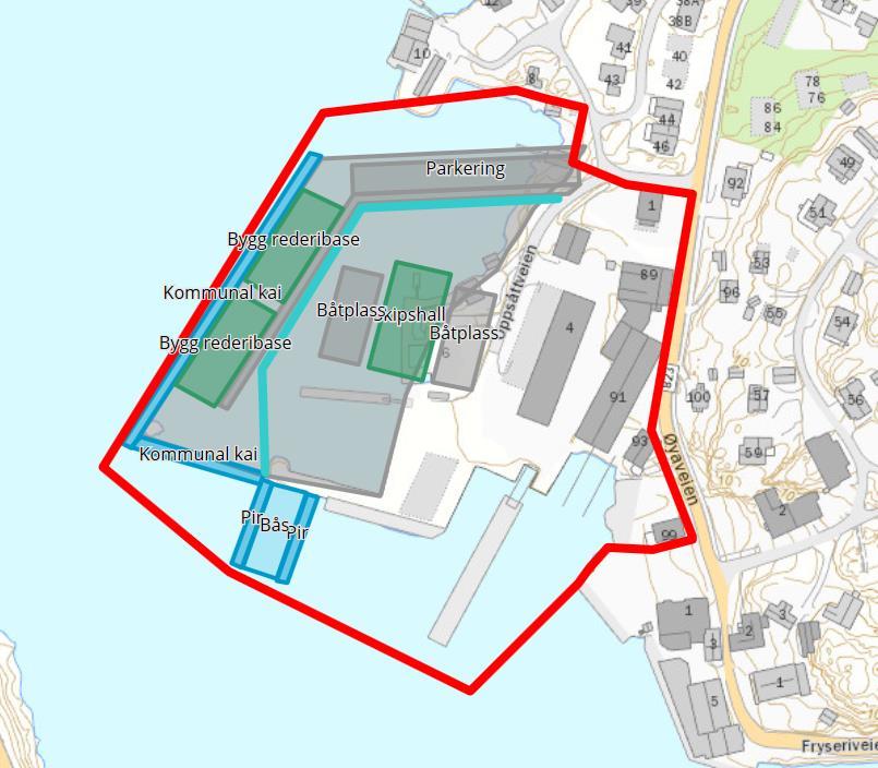 Overordnet skisse, reguleringsformål, Offentlig trafikkareal, hav og land, næring og industri Skisseforslag til utnyttelse av området.