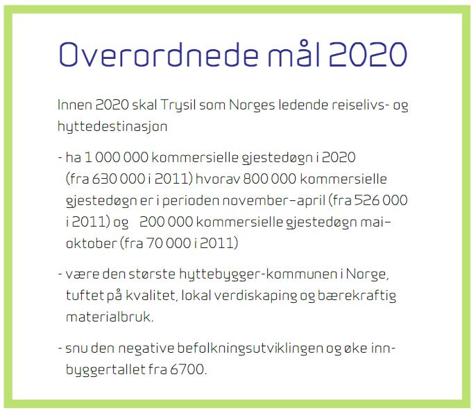 STATUS FOR REISELIVET I TRYSIL Trysil ligger godt an til å nå målene i reiselivsstrategien fra 2012 Trysils reiselivsstrategi ble utarbeidet i 2012 av en arbeidsgruppe med aktører fra reiselivet,