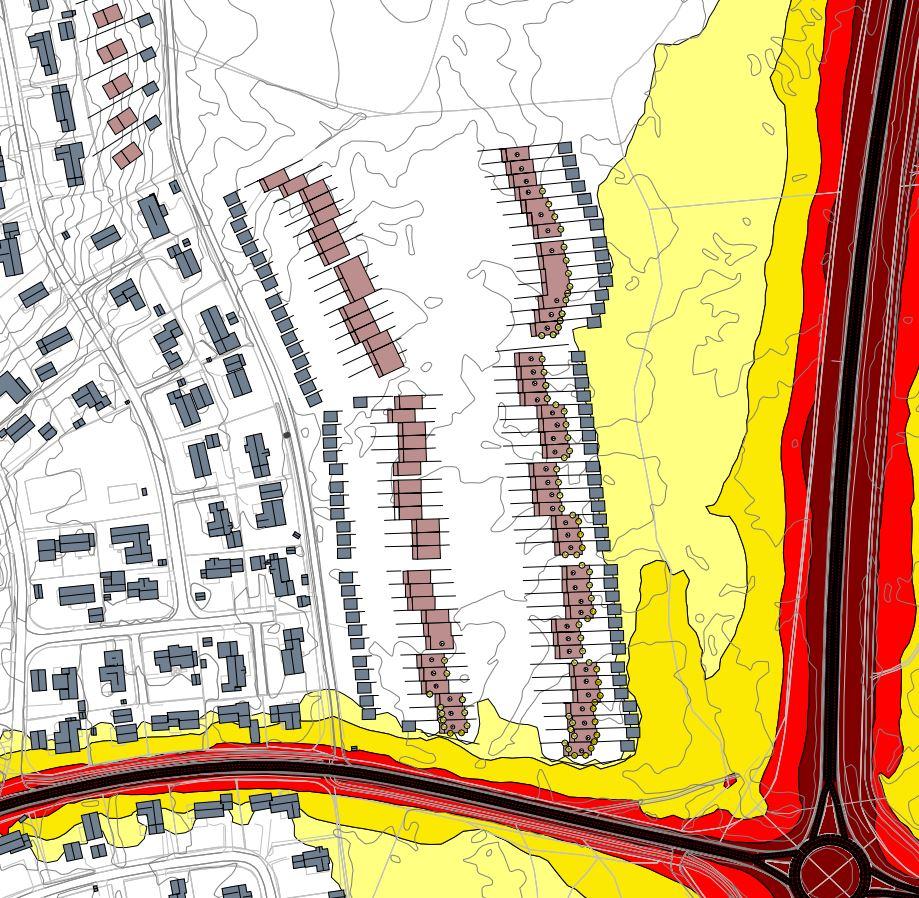 Fra "T-1442 Retningslinje for behandling av støy i arealplanlegging" "Ved bygging i gul sone: støyfaglig utredning og stille side Ved etablering av nye bygninger med støyfølsomt bruksformål i gul