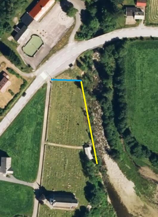 Oversiktsbildet nedanfor viser kva område som er usikra i dag (gul linje). Gjerde på ein gravplass skal ha ein «verdig» utsjånad.