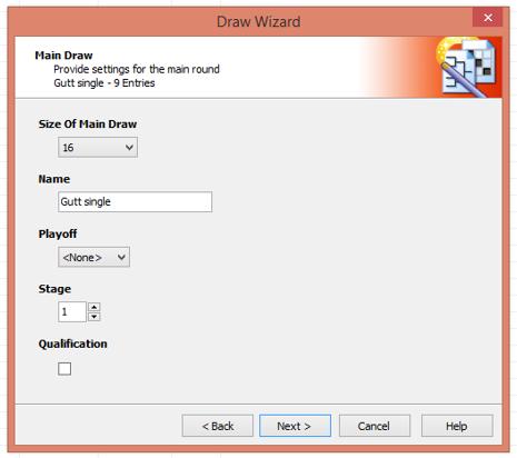 3. Eksempel 1: Vanlig tablå a) Klikk på Elimination og deretter Next. Du får da opp dette bildet (Main Draw): Draw Wizard vil automatisk finne tablået tilpasset antall deltakere i klassen.