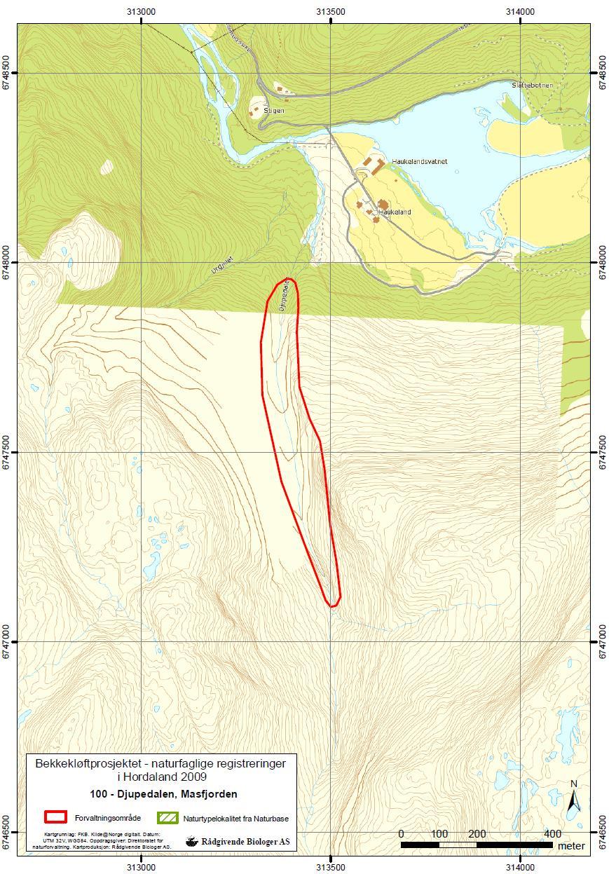 Figur 12. Kart som viser avgrenset forvaltningsområde for Djupedalen (lok. 100).