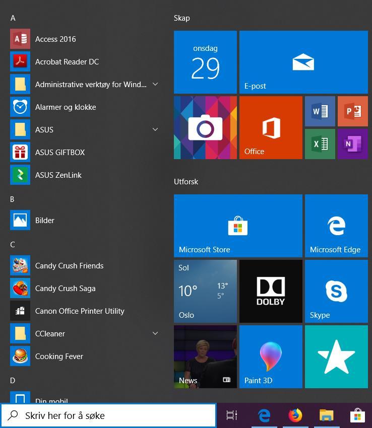 Startmenyen I Windows 10 er det en del forandringer fra tidligere Windows versjoner. Her finner du: Oftest brukt, de siste programmene du har brukt.