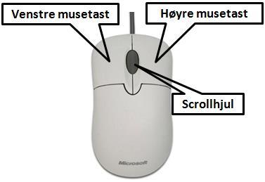 Mus Musen består av tre hovedtaster, venstre musetast, høyre musetast og hjulet, (mus med flere taster er til bruk for mer avanserte programmer som for eksempel spill).