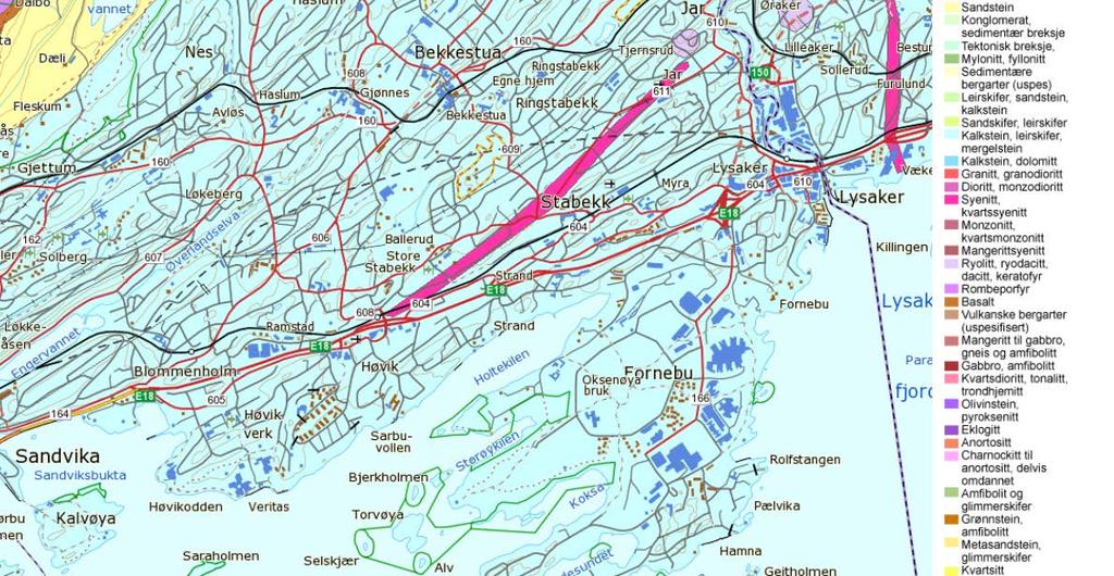 4 2 Grunnforhold Ifølge NGUs bergrunnskart består berggrunnen langs E18 mellom Lysaker og Ramstadsletta av skifer, kalkstein og knollekalk fra 4. og 5. etasje i Oslogruppen (figur 2).