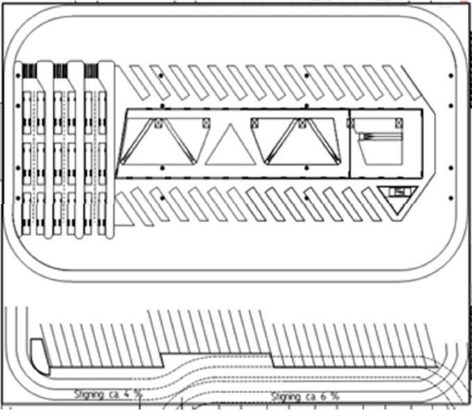 Figur 6: Figuren over viser en av flere mulige løsninger for buss for tog som en integrert del av bussterminalen. Her er vist plass for 18 busser på egne "plattformøyer" syd på bussterminalen. 2.3.