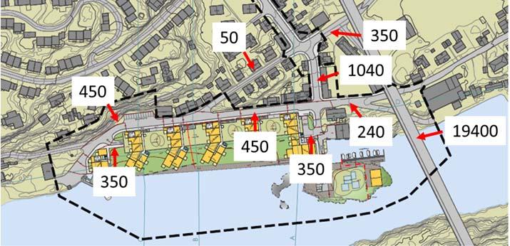 I planområdet er det 13 gjesteparkeringsplasser vest i Strandgata, 8 plasser på Nordholmen, 4 plasser ved østre innkjøring til P-kjelleren og 2 plasser ved snuplassen helt vest i Strandgata. 3.