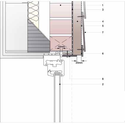 1. Grunnmur 2. Vindu med spillblikk 3. Pustende fuktbestandig membran 4. Avstandslekt i tre 5. EPDM 6.