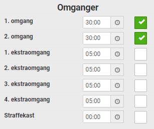 Omganger Før kampen starter kan det være greit å ta en ekstra sjekk at oppsatt spilletid er korrekt satt opp av NHF/Regionen. Dette gjøres ved å klikke på Omganger i hovedmenyen.