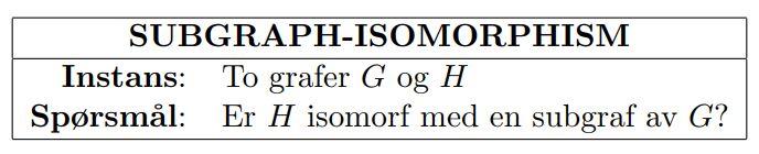 Vis at SUBGRAPH-ISO er NP-komplett Sertifikatet er mappingen av noder (en mengde av tupler (v 1, v 2 ) der v 1 V G og v 2 V H ) verifisersubgraphiso(g, H, m): 1.