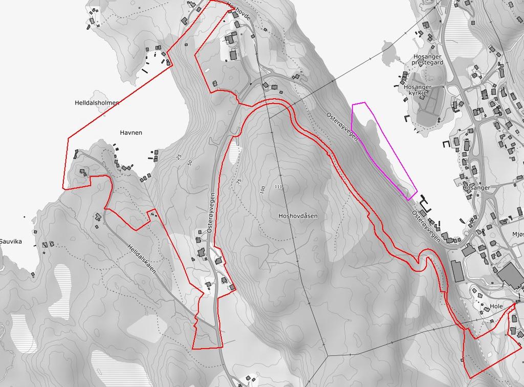 Figur 6 Plangrense for Hoshovdstølen bustad og strandsone i raudt og plangrense detaljregulering Refsneset i rosa. Det var oppstartsmøte i detaljplan for Refsneset gbnr 87/1 i Hosanger 02.10.15.