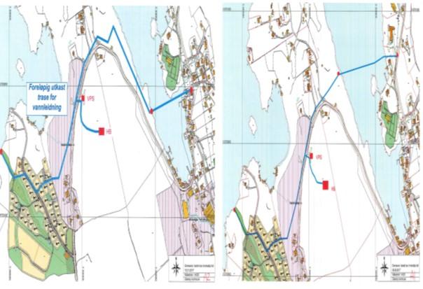 Figur 5 2 alternative traséar for VA leidningi etterkant av dette har tiltakshaver i samråd med plankonsulenten vurdert at dei vurderer at det berre er trasé over Åsen som vil la seg gjere.