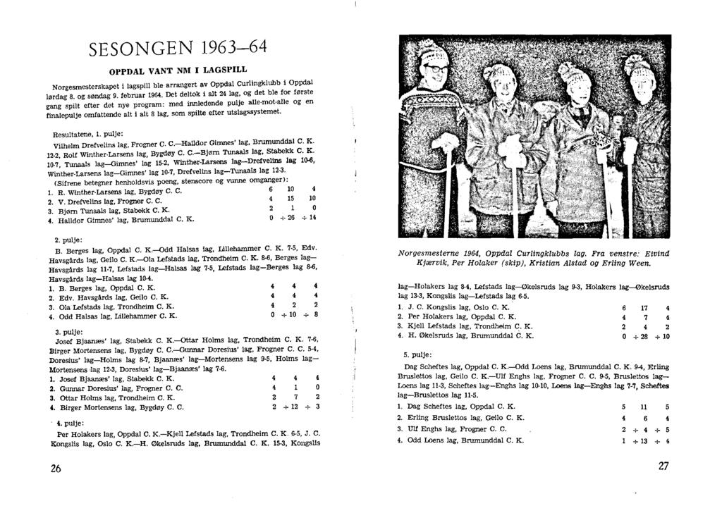 SESONGEN 1963-64 OPPDAL V ANT Nl\ LAGSPLL Norgesmesterskapet i lagspill ble arrangert av Oppdal Curlingklubb i Oppdal lørdag 8. og søndag 9. februar 1964.