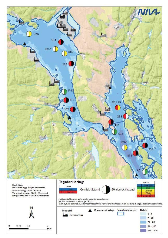 FRIER VEST OMRÅDEREGULERING RAPPORT Figur 3: Undersøkelser av kjemisk- og økologisk tilstand ved Frierfjorden, hentet fra NIVA sin rapport,