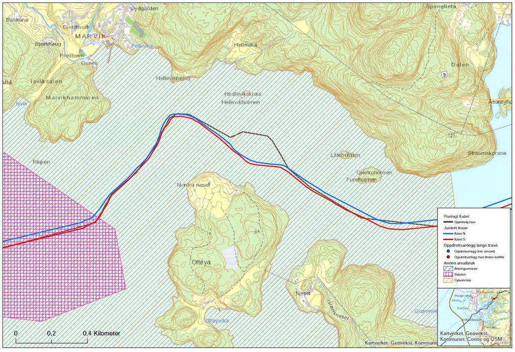 Side 7 Figur 5: Traséjustering Sandsfjorden I tillegg til de overnevnte justeringene, skal Statnett gjøre noen mindre justeringer ved Teigane og Ommundsteigen stamfiskanlegg, som de vurderer til å