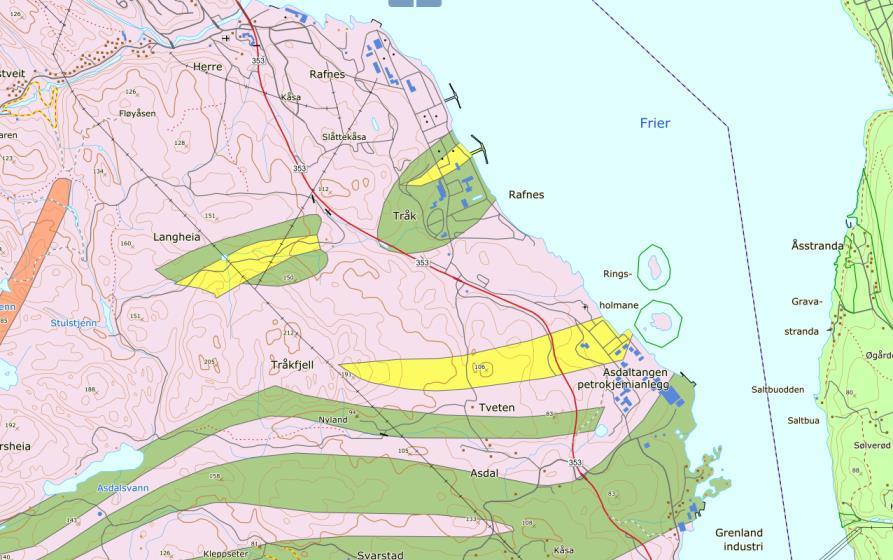4.1. Naturressurser Georessurser Berggrunnkartet, Figur 4-3, viser at store deler av Frier Vest består av diorittisk til granittisk gneis, migmatitt (rosa farge).
