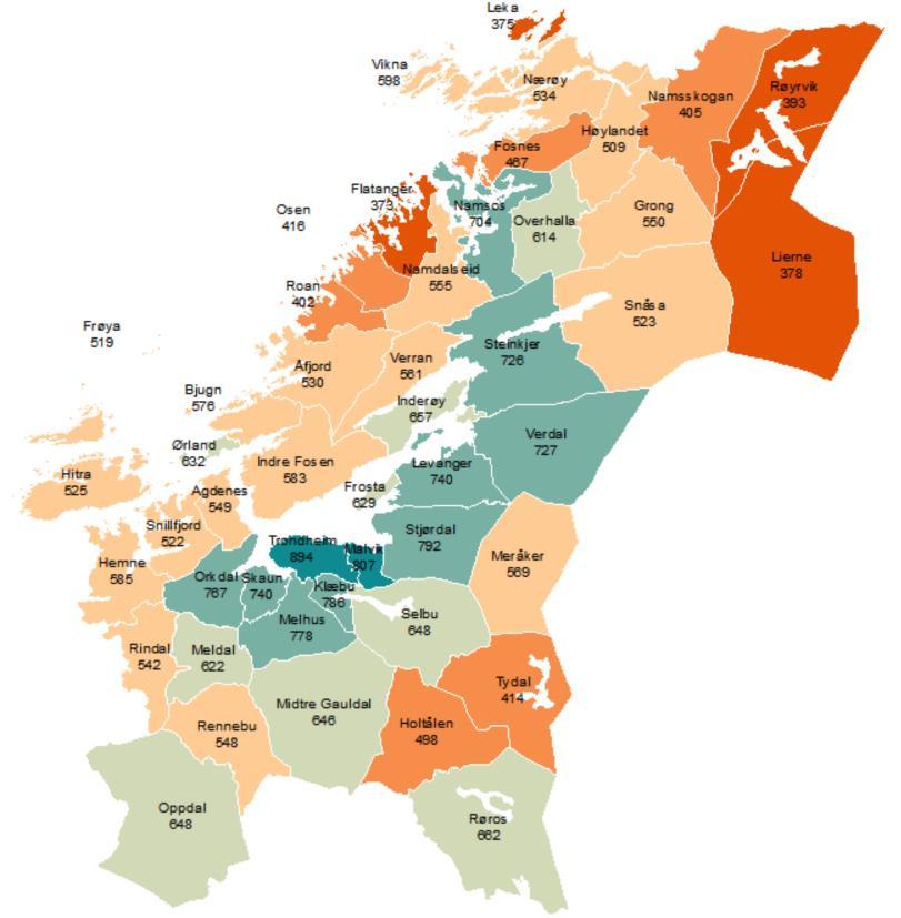 Trøndelag fylkeskommune I AV-indeksen framstår flere av de regionale tyngdepunktene som mer sentrale, dette gjelder spesielt Røros og Oppdal.