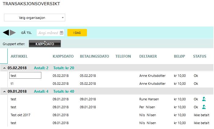 3. Sortering av transaksjonsoversikten Transaksjonsoversikten kan sorteres på ulike måter. Den kan sorteres/gruppes etter «Artikkel», «Kjøpsdato», «Status».