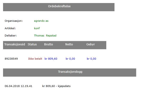 Betalingsdetaljer for en påmelding der