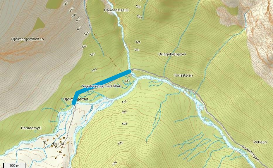 Vegstrekning med tiltak. Utklypp frå fylkesatlas. Vegen frå Drægo til stølen Hjølmo er viktig tilkomstveg til stølen, og for transport av sauer til utmarksbeite.