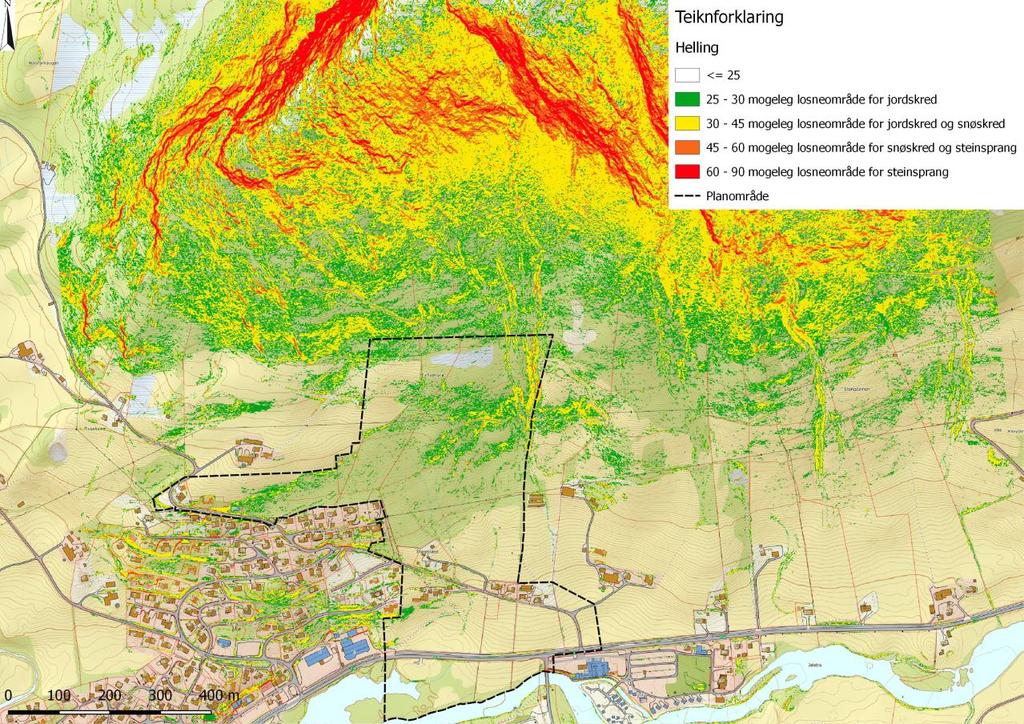 Figur 4: Hellingskart delt inn i potensielle losneområde