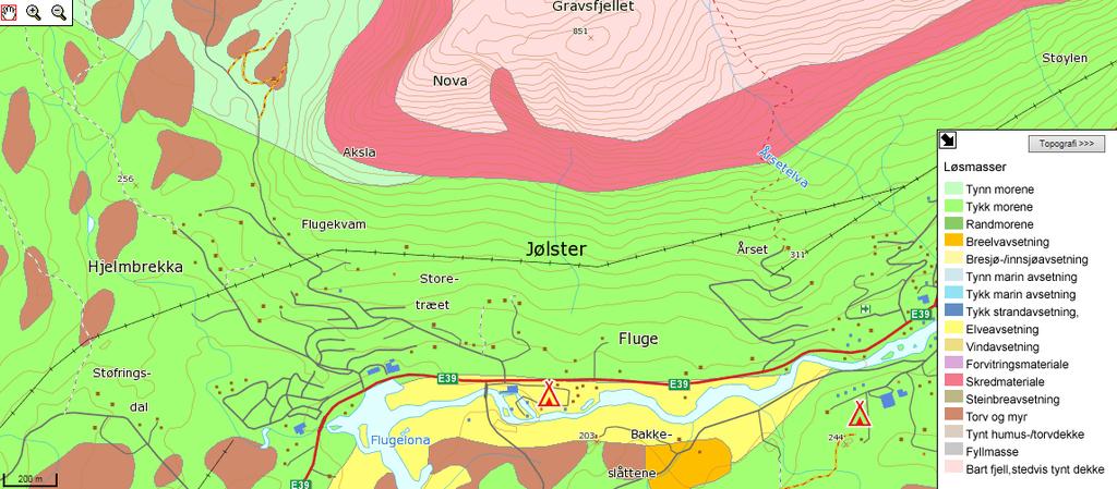 Figur 8: NGU sitt lausmassekart viser at nedre del av planområdet mellom elva og E39 består av elveavsetningar medan øvre del mellom E39 er hovudsakleg tjukke