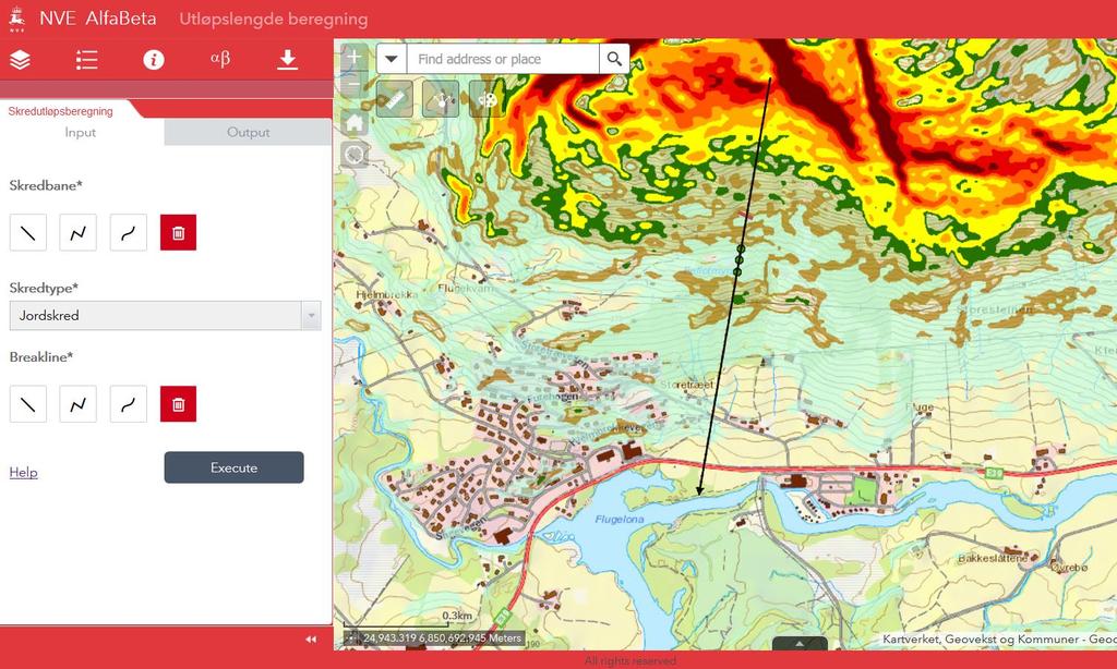 Figur 53: Alpha-beta-profil for jordskred frå fjellsida ovanfor planområdet. Høgast mogeleg kjeldeområde er vald.